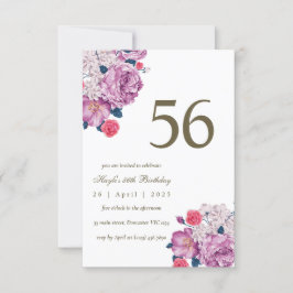 Invitación Cumpleaños número 56 con flores botánicas púrpuras