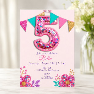 Invitación Cumpleaños número 5 con lentejuelas rosadas Sparkl
