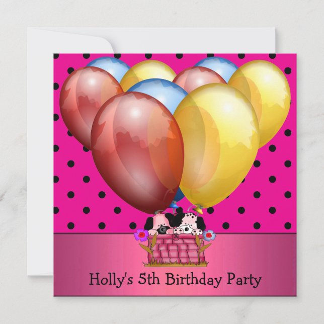Invitación Cumpleaños número 5 Perros Globos Azules Amarillos (Anverso)