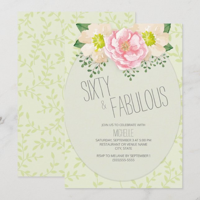 Invitación Cumpleaños número 60 de flores verdes y rosa vinta (Anverso / Reverso)