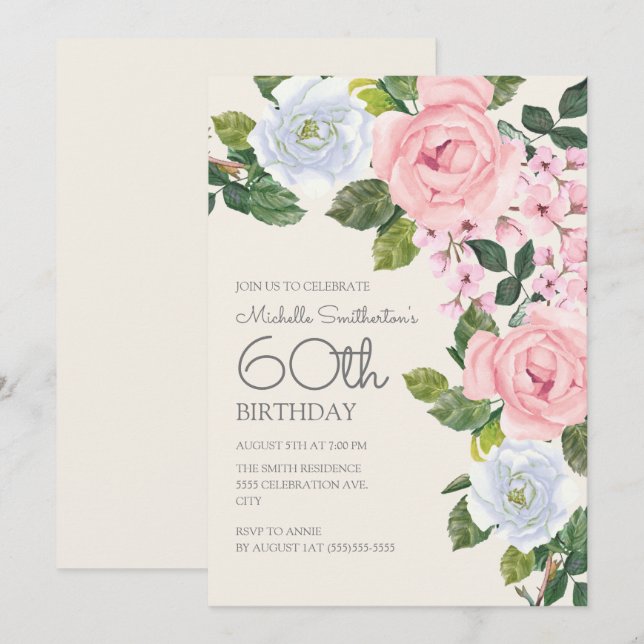 Invitación Cumpleaños número 60 de mujer con flores rosadas y (Anverso / Reverso)