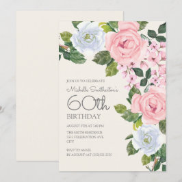 Invitación Cumpleaños número 60 de mujer con flores rosadas y