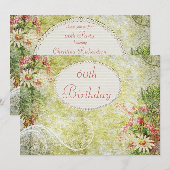 Invitación Cumpleaños número 60 Dulce y Flores Silvestres con (Anverso / Reverso)