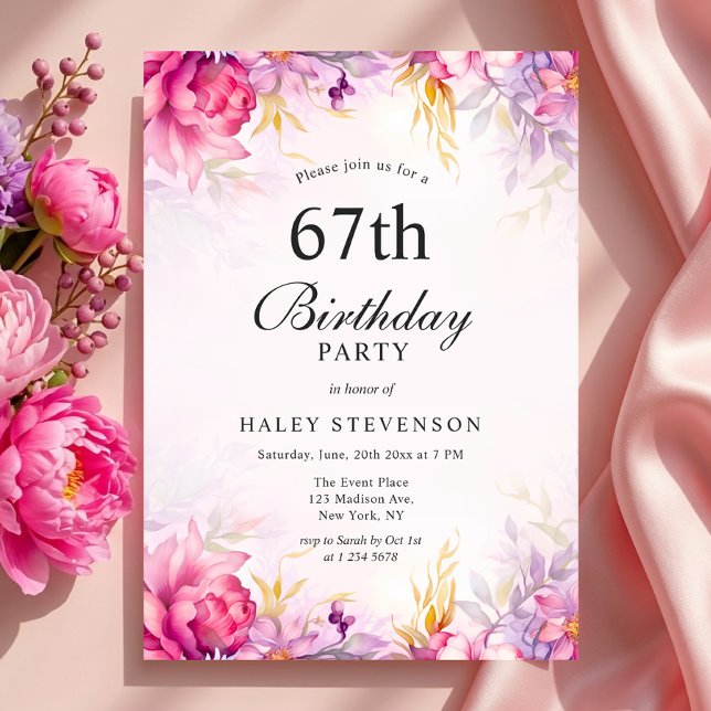 Invitación Cumpleaños número 67 Chic Floral Pastel Acuarela F (Subido por el creador)