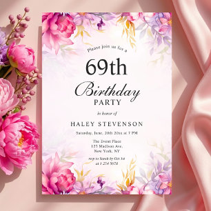 Invitación Cumpleaños número 69 Chic Floral Pastel Acuarela F