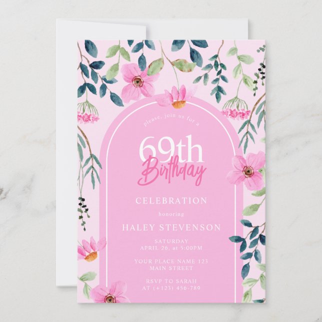 Invitación Cumpleaños número 69 femenino elegante floral silv (Anverso)