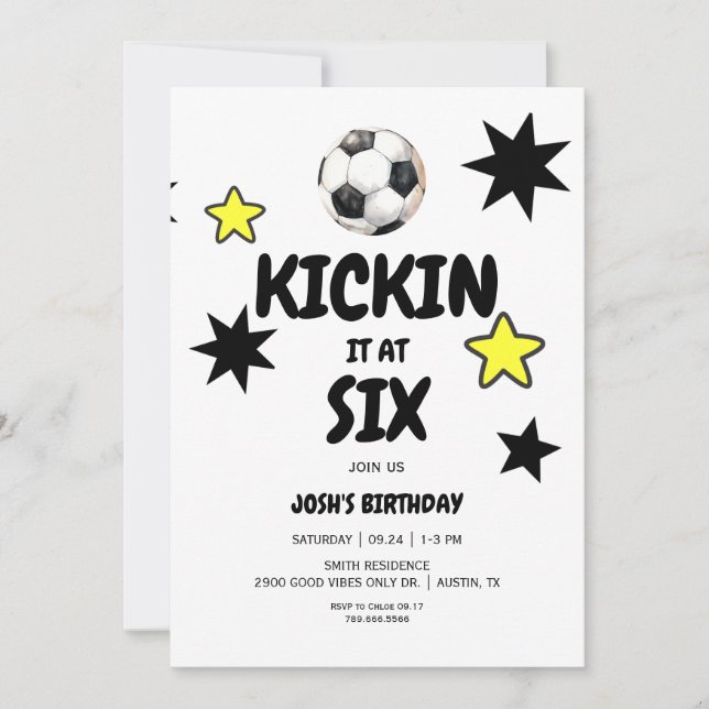 Invitación Cumpleaños número 6 de Kickin it at Six Soccer (Anverso)