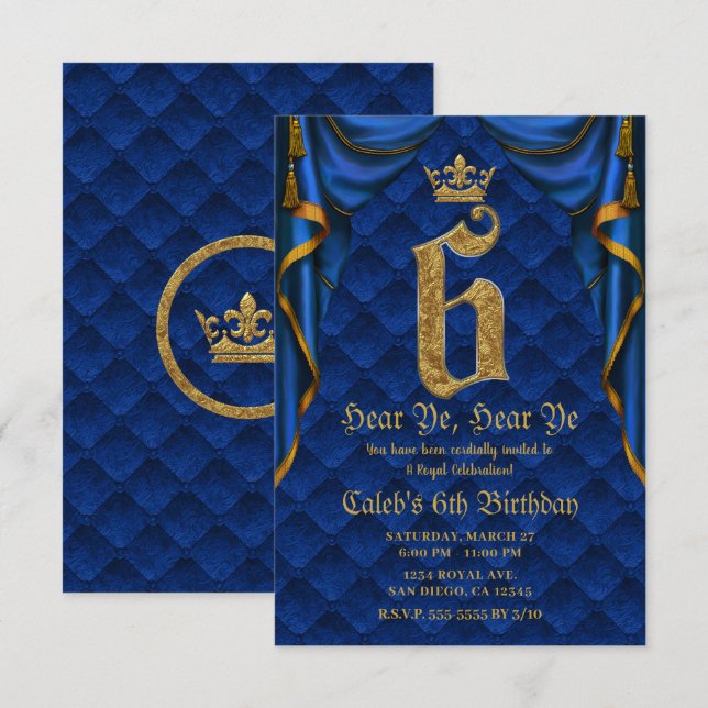 Invitación Cumpleaños número 6 SIX 6 Fiesta Corona Real Azul  (Anverso / Reverso)