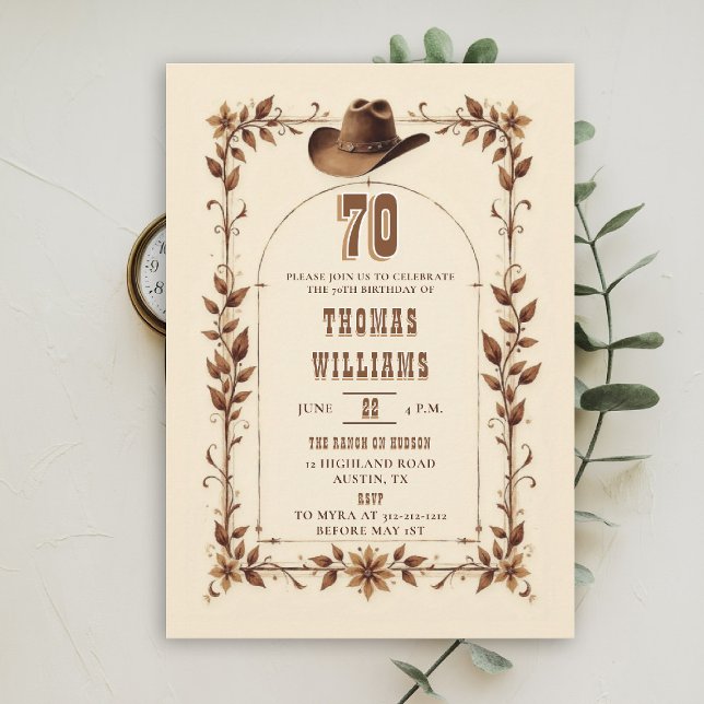 Invitación Cumpleaños número 70 al estilo vaquero rústico vin (cowboy birthday invitation men 70th rustic vintage arch country western husband dad grandpa)