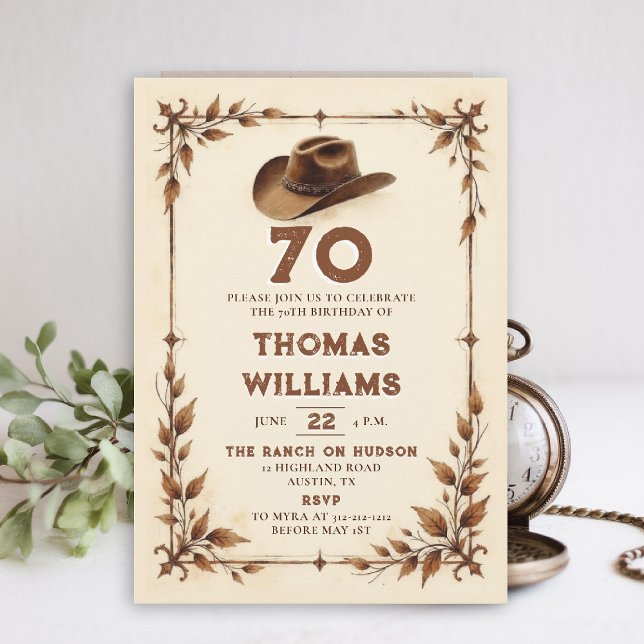 Invitación Cumpleaños número 70 al estilo vaquero rústico vin (cowboy birthday invitation men 70th rustic vintage botanical country western husband dad grandpa)