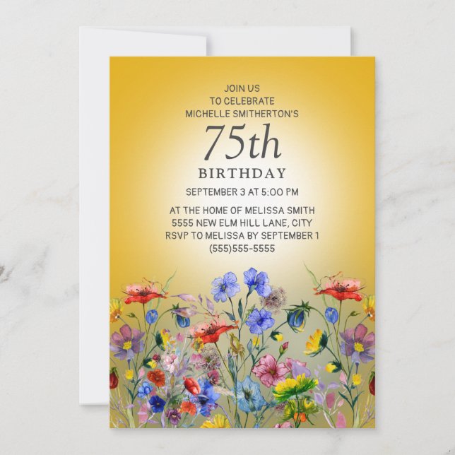 Invitación Cumpleaños número 75 Colorido Girasol Amarillo (Anverso)