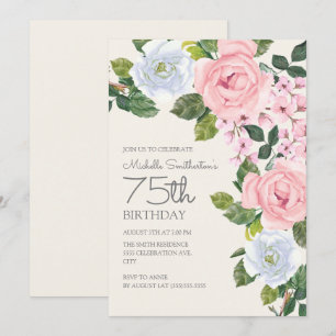 Invitación Cumpleaños número 75 de mujer con flores rosadas y
