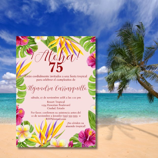 Invitación Cumpleaños número 75 elegante rosa hawaiano españo (Subido por el creador)