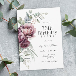 Invitación Cumpleaños número 75 Rústico Boho Borgoña Floral C