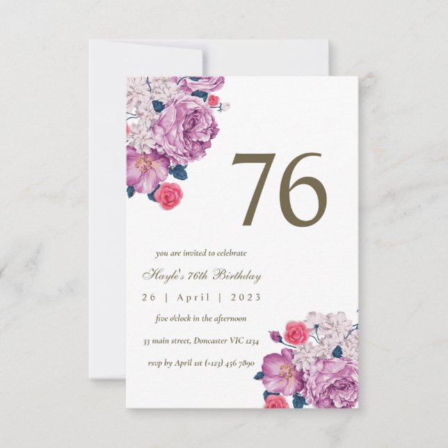 Invitación Cumpleaños número 76 con temática floral botánica  (Anverso)