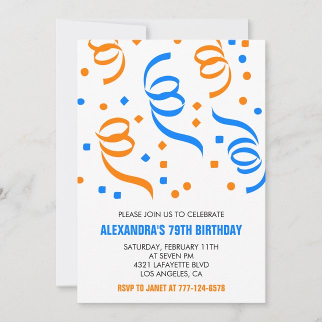 Invitación Cumpleaños número 79 Classic Confetti Azul Naranja (Anverso)