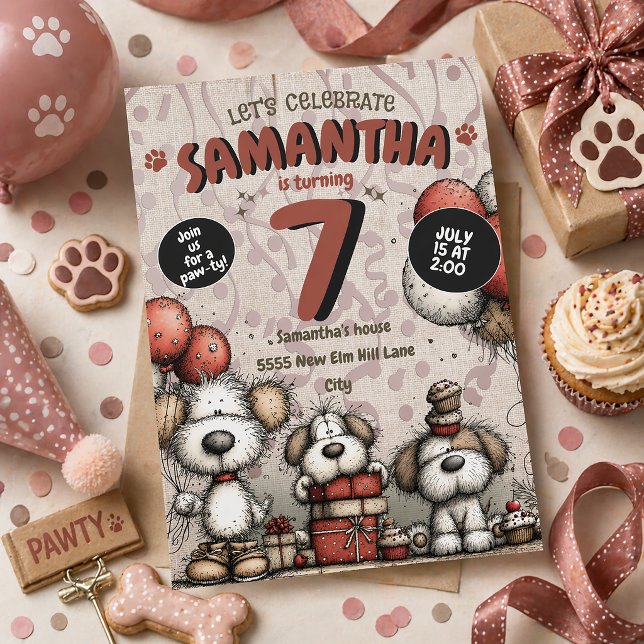 Invitación Cumpleaños número 7 de la chica del perrito rústic (Cute dogs 7th birthday party invitation for little girls)