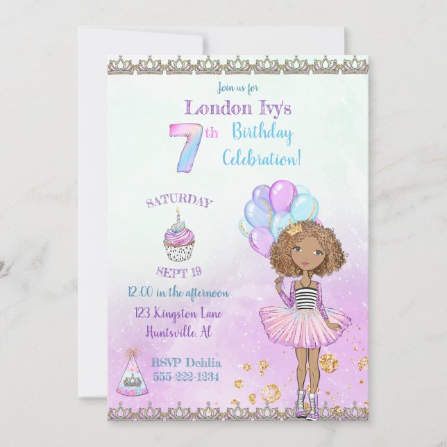 Invitación Cumpleaños número 7 de niña princesa afroamericana (Anverso)
