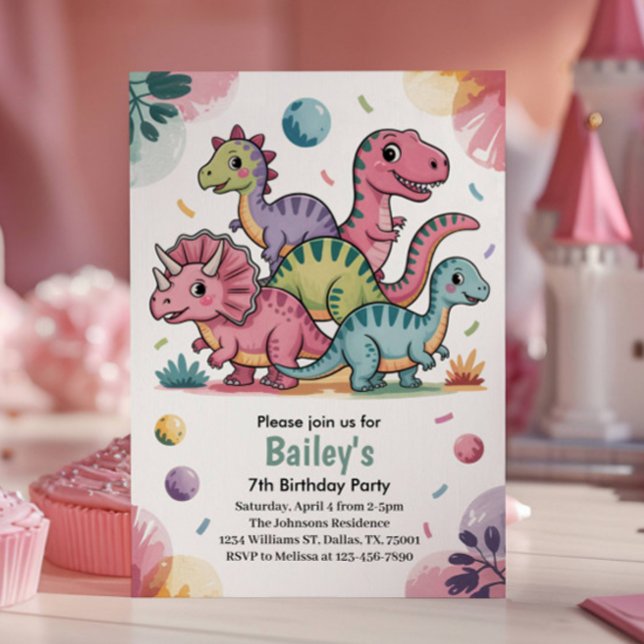 Invitación Cumpleaños número 7 de niños lindo dinosaurio rosa (Subido por el creador)