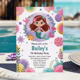 Invitación Cumpleaños número 7 de sirena bajo el mar púrpura