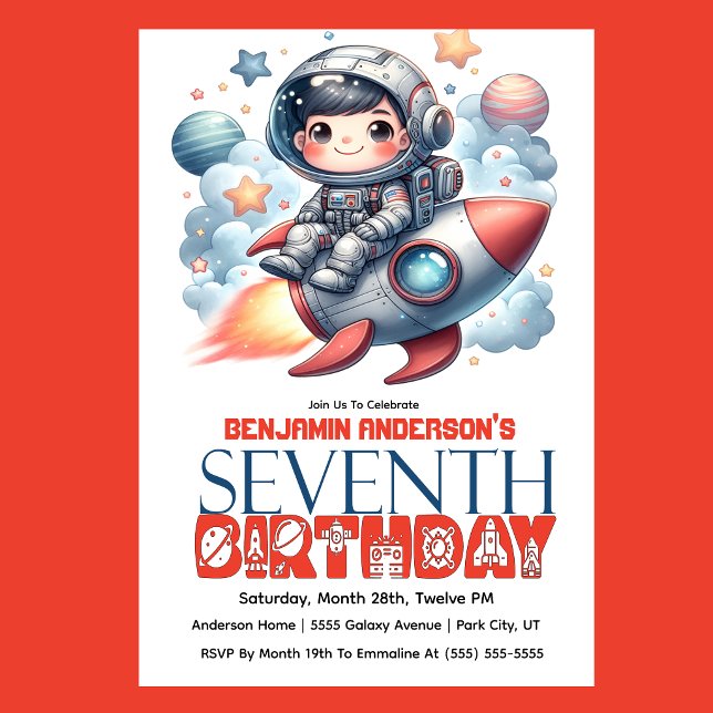 Invitación Cumpleaños número 7 del niño astronauta cohete (Space astronaut boy riding rocket 7th birthday party invitation with planets and stars
)