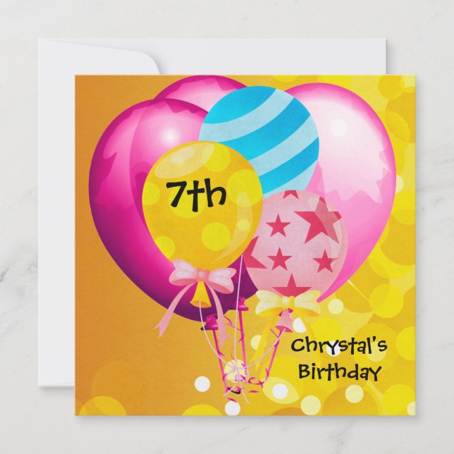 Invitación Cumpleaños número 7 Fiesta Globos Rosa Amarillo Az (Anverso)