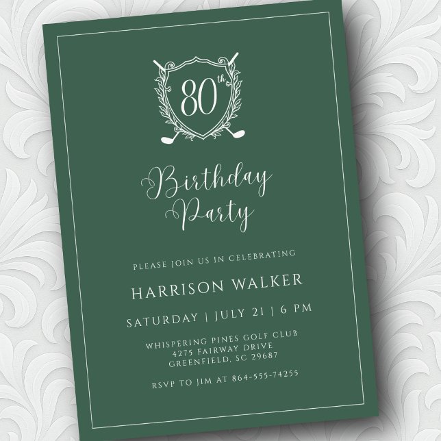 Invitación Cumpleaños número 80 Fiesta de Golf Cresta Escritu (Script font adds just the right touch of elegance.)