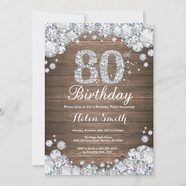 Invitación Cumpleaños número 80 rústico diamante plateado (Anverso)