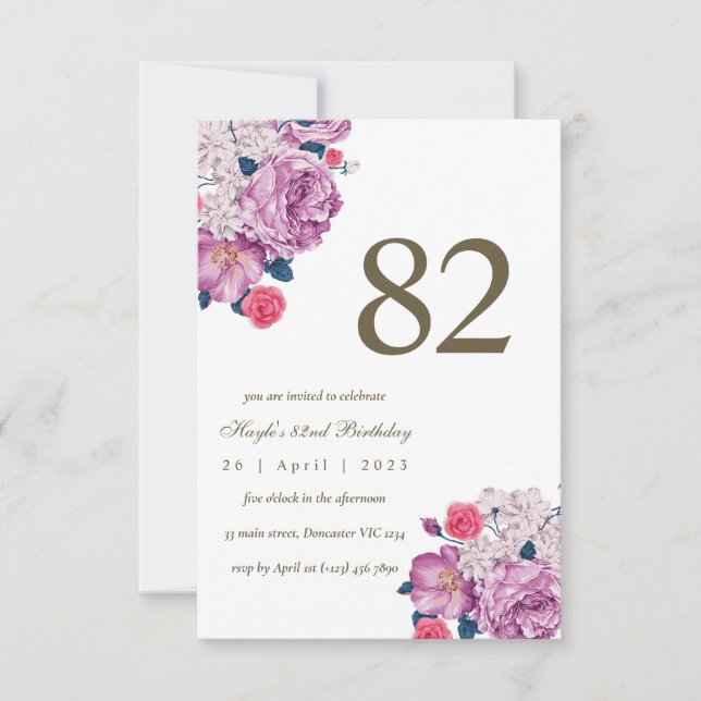 Invitación Cumpleaños número 82 de temática floral botánica m (Anverso)