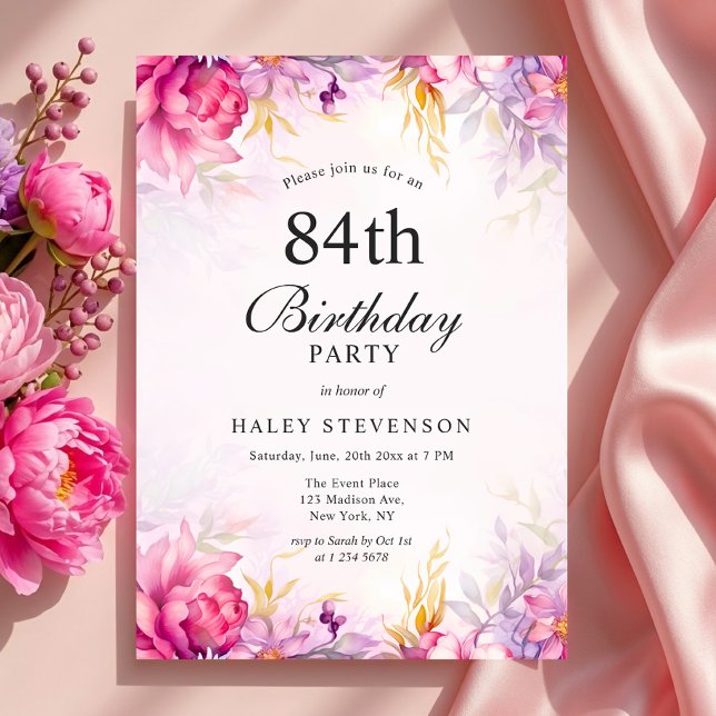 Invitación Cumpleaños número 84 con estilo floral femenino y  (Subido por el creador)