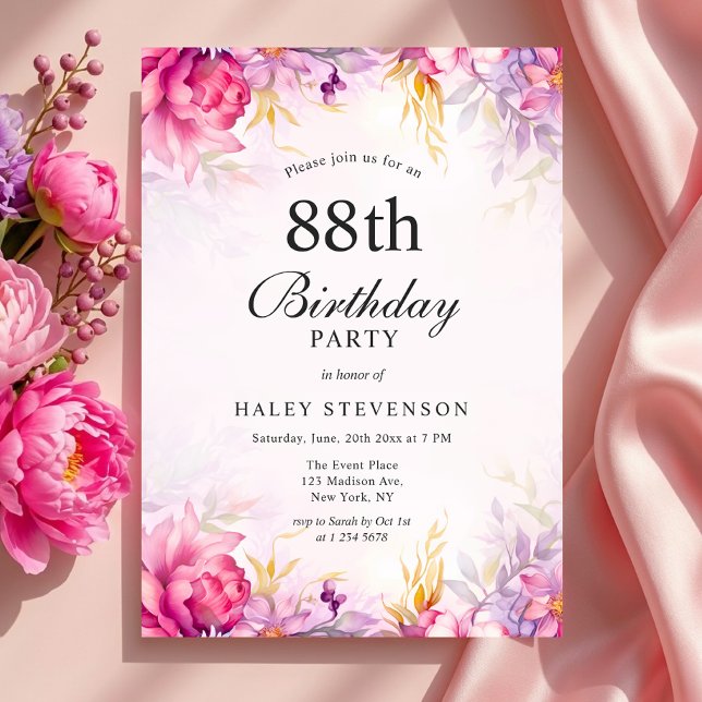 Invitación Cumpleaños número 88 Chic Floral Pastel Acuarela F (Subido por el creador)