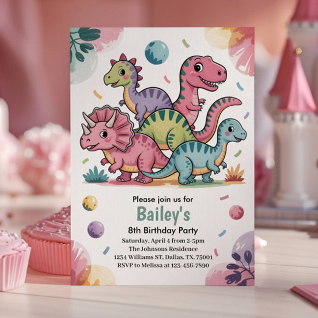 Invitación Cumpleaños número 8 de dinosaurio rosa lindo para  (Dinosaur Birthday Party Invitation)
