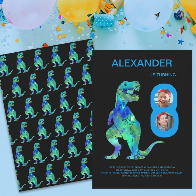 Invitación Cumpleaños número 8 de los chicos T-Rex Dino perso (Modern dinosaur T-Rex 8th birthday party photo invitation )