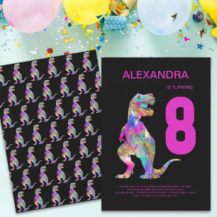 Invitación Cumpleaños número 8 de niñas T-Rex Dinosaurio Rosa