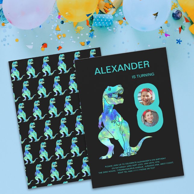 Invitación Cumpleaños número 8 de niños Dinosaurio T-Rex (T-Rex dino boys 8th birthday party photo invitation with color dinosaur teal green typography )