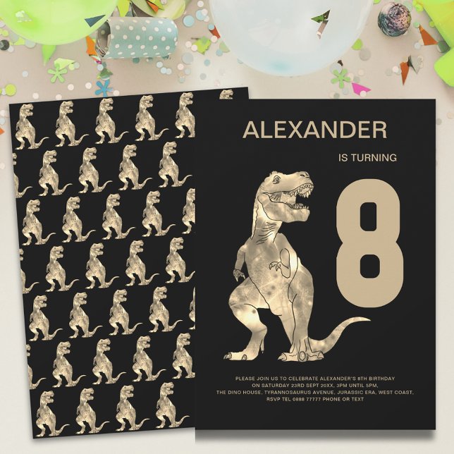 Invitación Cumpleaños número 8 de T-Rex Dino para niños (Dinosaur T-Rex boys 8th birthday party invitation with modern typography simple dino design )