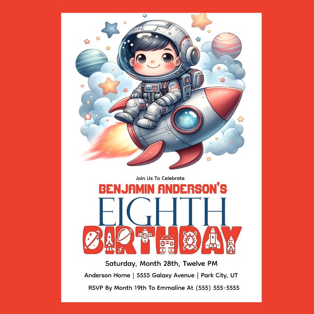 Invitación Cumpleaños número 8 del niño astronauta de Rocket (Space astronaut boy riding rocket 8th birthday party invitation with planets and stars
)