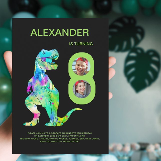Invitación Cumpleaños número 8 personalizado del dinosaurio T (Colorful Dinosaur T-Rex 8th birthday party 2 photo collage green and black invitation)