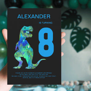 Invitación Cumpleaños número 8 T-Rex Dinosaurio Niño Azul