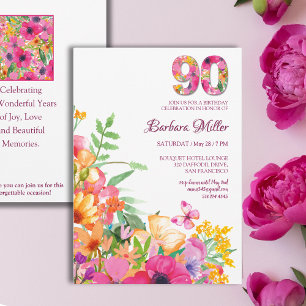 Invitación Cumpleaños número 90 de la abuela con flores y mar
