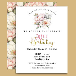 Invitación Cumpleaños número 90 Floral Peonía Rosa Rubor Boni