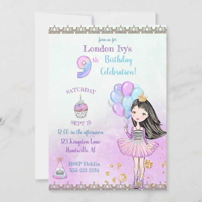 Invitación Cumpleaños número 9 de la niña Princesa Cupcake Gl (Anverso)