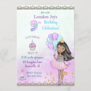 Invitación Cumpleaños número 9 de niña princesa afroamericana
