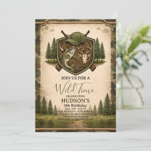 Invitación Cumpleaños número 9 de Wild One Cazando y Pescando