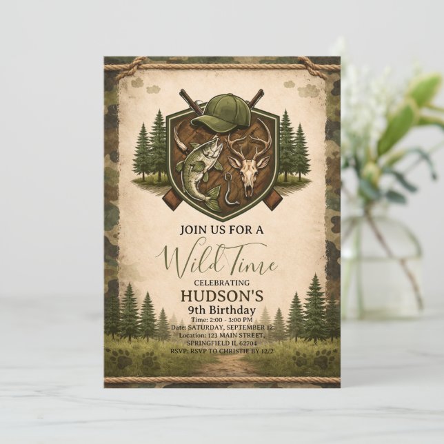 Invitación Cumpleaños número 9 de Wild One Cazando y Pescando (Anverso de pie)