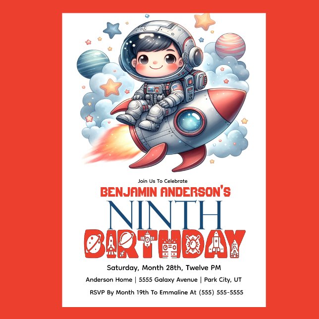 Invitación Cumpleaños número 9 del niño astronauta cohete (Space astronaut boy riding rocket 9th birthday party invitation with planets and stars
)