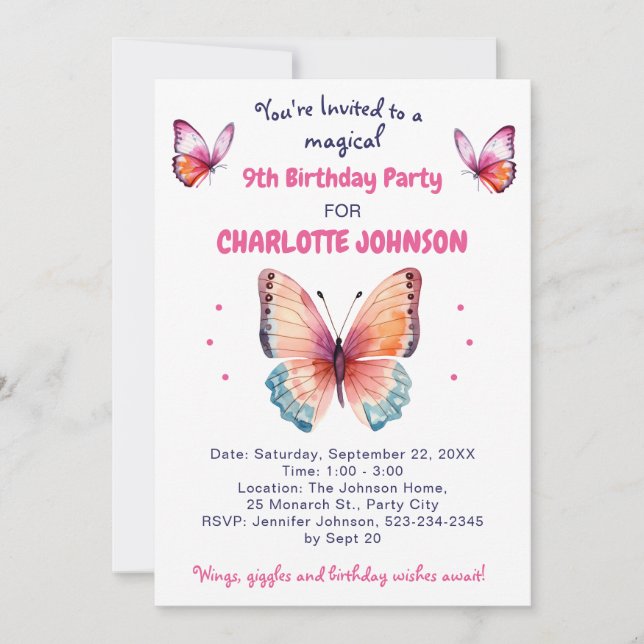 Invitación Cumpleaños número 9 para niña con lindas mariposas (Anverso)