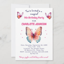 Invitación Cumpleaños número 9 para niña con lindas mariposas
