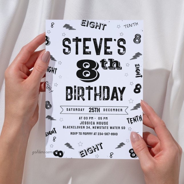 Invitación Cumpleaños número alfabeto 8 (8th Birthday Party Number Alphabet Invitation)