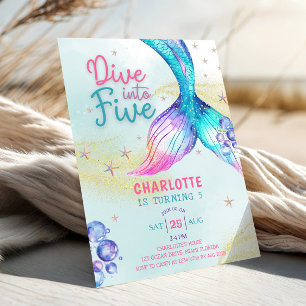 Invitación Cumpleaños número cinco 5 Cola de Sirena Buceo